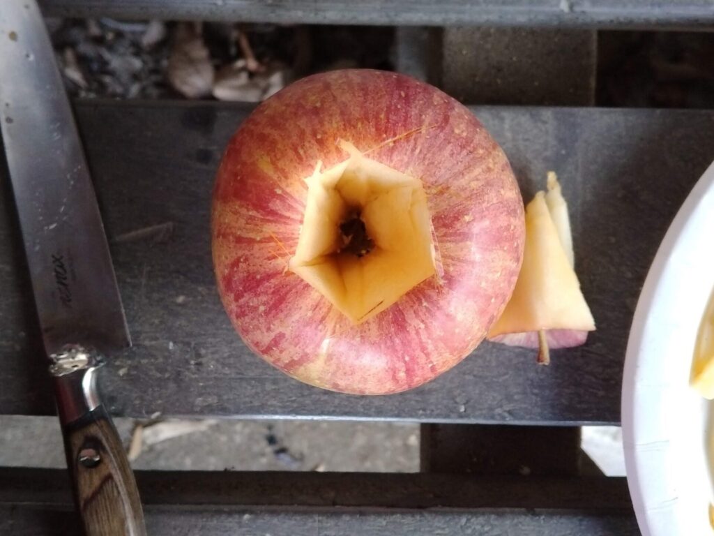 リンゴの芯をくり抜き終えた。